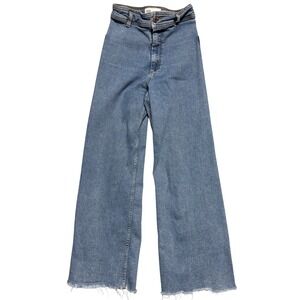 Zara The Marine Straight Jeans Womens 2 High Rise Wide Leg Blue Raw Hem Denim XS